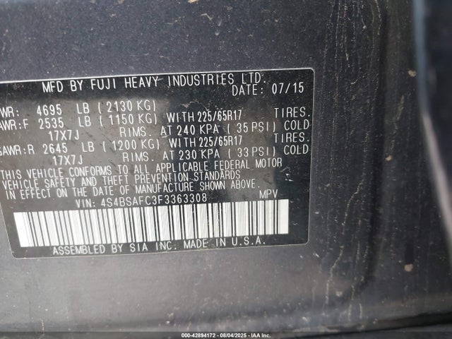 Subaru 2.5l u5 2015 4S4BSAFC3F3363308 Image 9