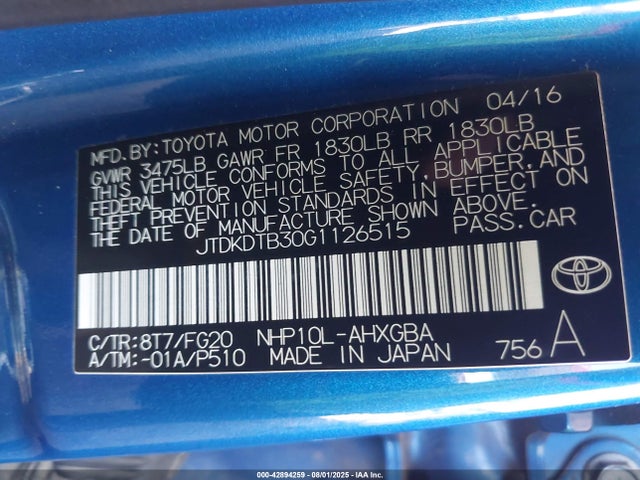JTDKDTB30G1126515 Toyota 1nz-fxe+1lm