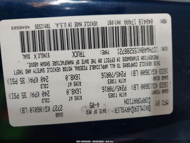 2005 Dodge Dakota Slt მანქანა იყიდება აუქციონზე, vin: 1D7HW48N15S288721, აუქციონის ნომერი: 42894269