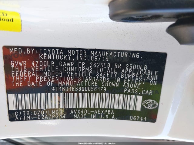Toyota 2ar-fxe+2jm 2016 4T1BD1EB8GU056179 Image 9
