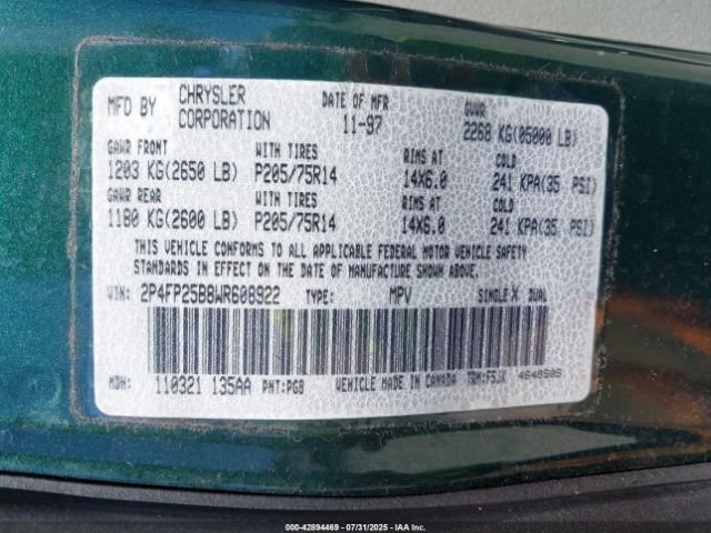 1998 PLYMOUTH VOYAGER 2P4FP25B8WR608922 Photo 8