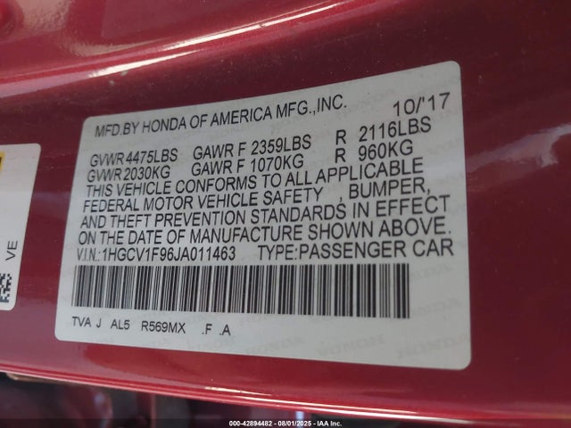 1HGCV1F96JA011463 Honda l15be
