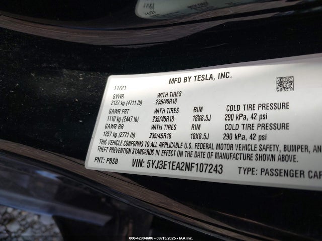 2022 TESLA MODEL 3 5YJ3E1EA2NF107243 Photo 8