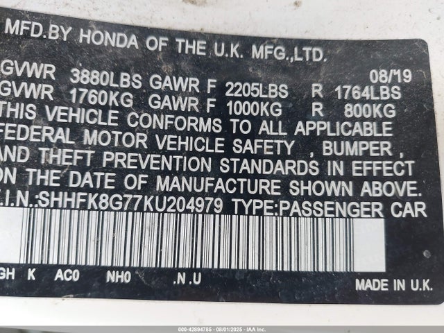 SHHFK8G77KU204979 Honda k20c1