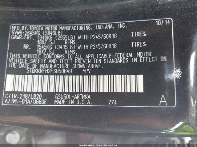 Toyota 2gr-fe 2015 5TDKKRFH2FS050649 Image 9