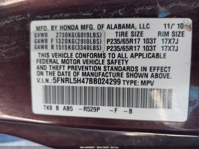 2011 HONDA ODYSSEY 5FNRL5H47BB024299 Photo 8