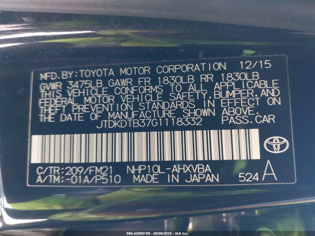 JTDKDTB37G1118332 Toyota 1nz-fxe+1lm