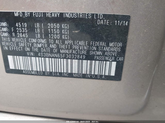 Subaru 2.5l u5 2015 4S3BNAN65F3032849 Image 9