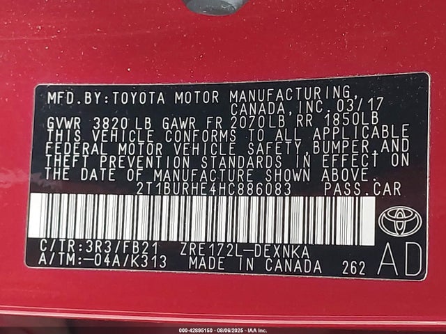 Toyota 2zr-fe 2017 2T1BURHE4HC886083 Image 9
