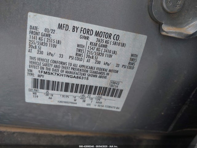 Ford ecoboost 2022 1FMSK7KH1NGA86315 Image 9