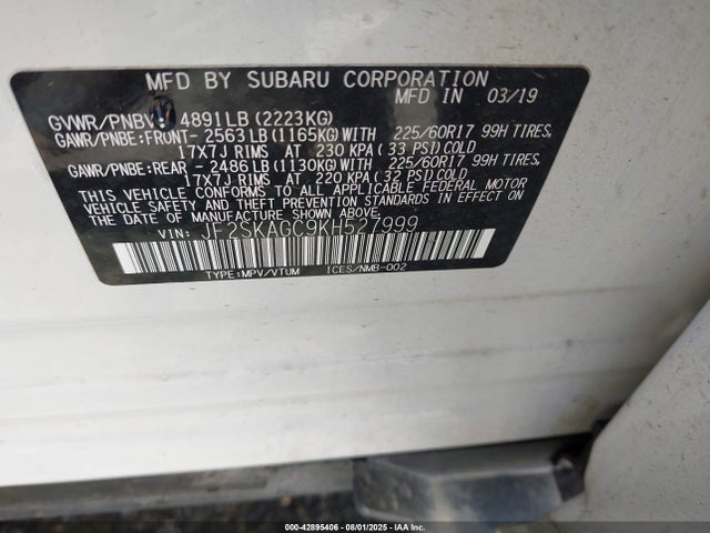 JF2SKAGC9KH527999 Subaru naturally aspirated u5