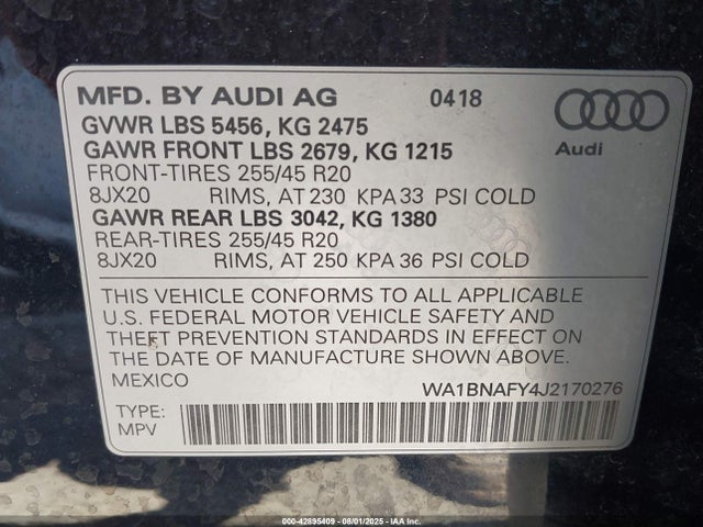 WA1BNAFY4J2170276 Audi 2018