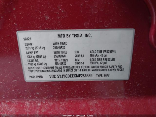 2021 TESLA MODEL Y 5YJYGDEEXMF285369 Photo 8