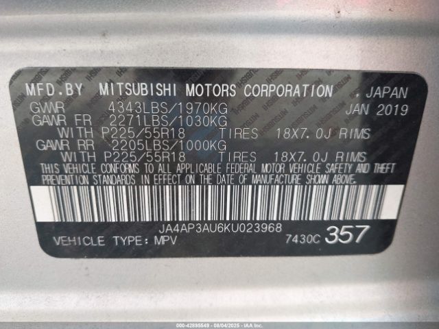 2019 MITSUBISHI OUTLANDER SPORT JA4AP3AU6KU023968 Photo 8