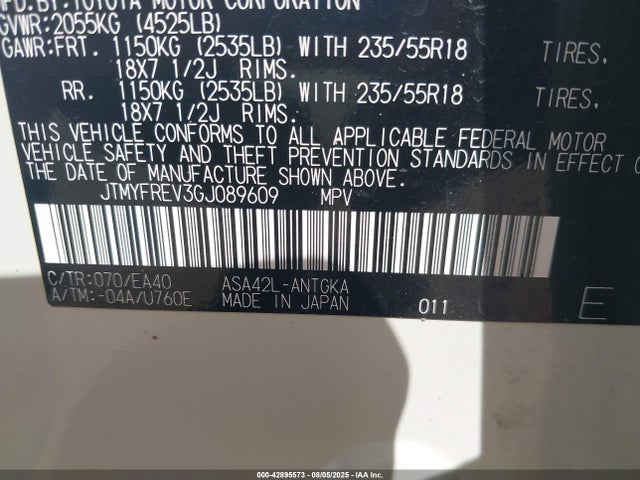 JTMYFREV3GJ089609 Toyota 2ar-fe