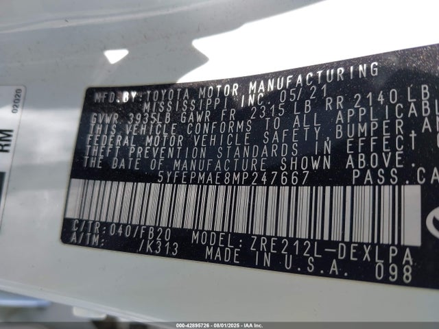 5YFEPMAE8MP247667 Toyota 2zr-fae