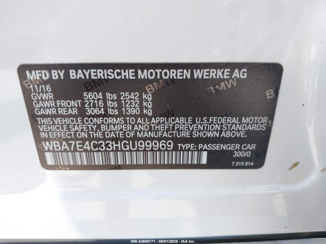 WBA7E4C33HGU99969 BMW 2017