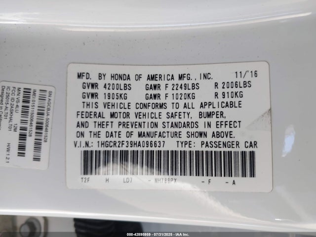 1HGCR2F39HA096637 Honda k24w1