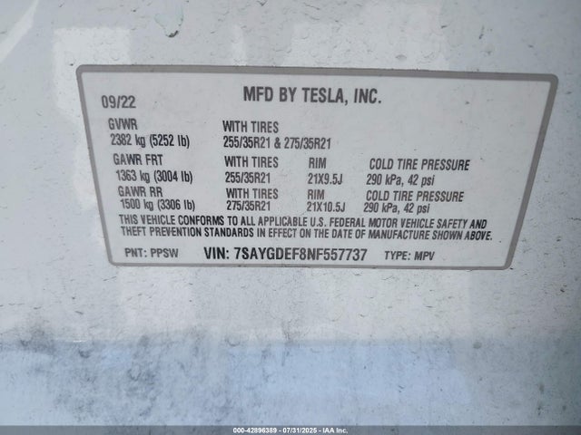 2022 TESLA MODEL Y 7SAYGDEF8NF557737 Photo 8