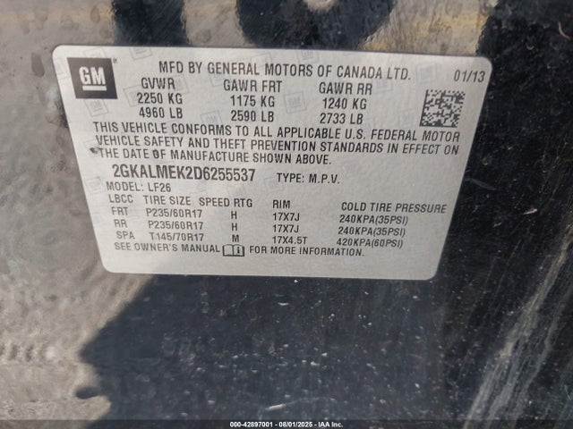 Aukcja sprzedaży 2013 Gmc Terrain Sle-1, vin: 2GKALMEK2D6255537, numer aukcji: 42897001