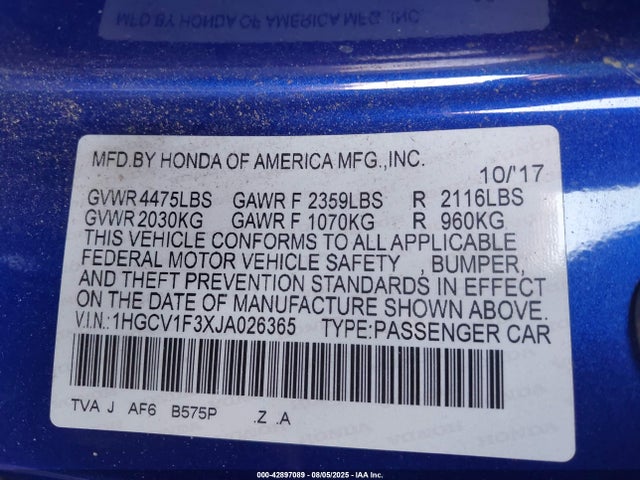 1HGCV1F3XJA026365 Honda l15be