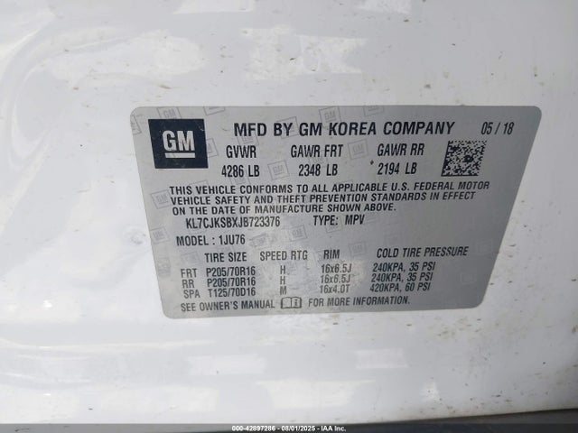 KL7CJKSBXJB723376 Chevrolet TRAX LS
