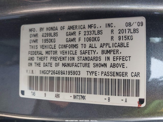 Aukcja sprzedaży 2009 Honda Accord 2.4 Lx-p, vin: 1HGCP26469A195903, numer aukcji: 42897309
