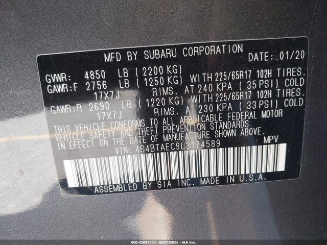 Subaru u5 2020 4S4BTAEC9L3174589 Image 9
