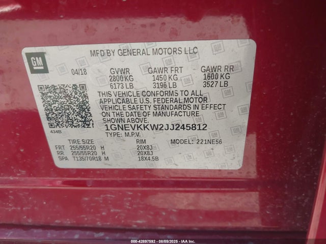 1GNEVKKW2JJ245812 Chevrolet lfy - spark ignited direct injection, atss, gen 1