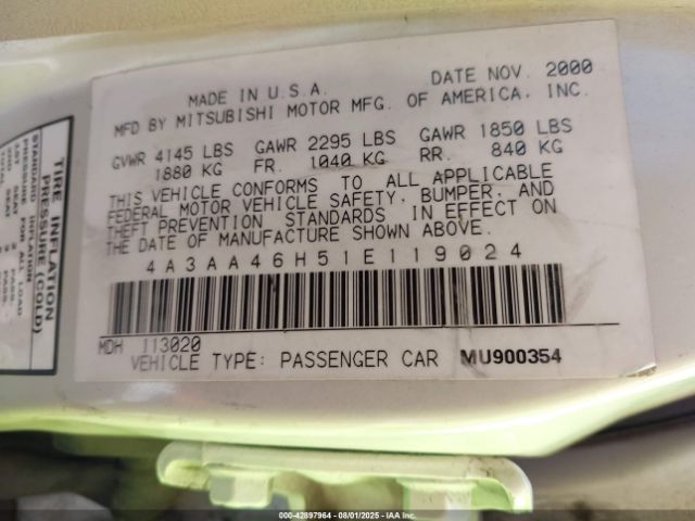 2001 MITSUBISHI GALANT 4A3AA46H51E119024 Photo 8