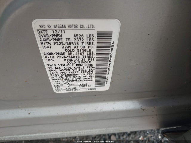 42898001 :رقم المزاد ، JN8AS5MV6CW378489 vin ، 2012 Nissan Rogue Sv W/sl Pkg مزاد بيع