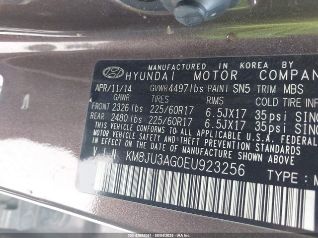 KM8JU3AG0EU923256 Hyundai gdi theta ii