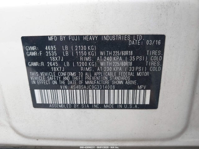 4S4BSAJC9G3314008 Subaru 2.5l u5