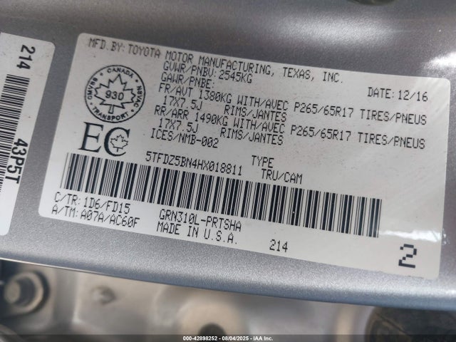 5TFDZ5BN4HX018811 Toyota 2gr-fks