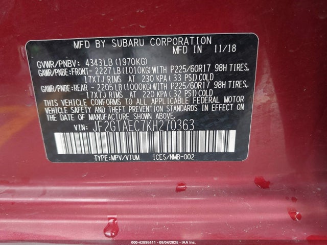 Subaru naturally aspirated 2019 JF2GTAEC7KH270363 Image 9
