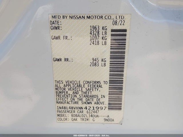 Nissan 2022 2022 1N4BL4BVXNN421997 Image 9