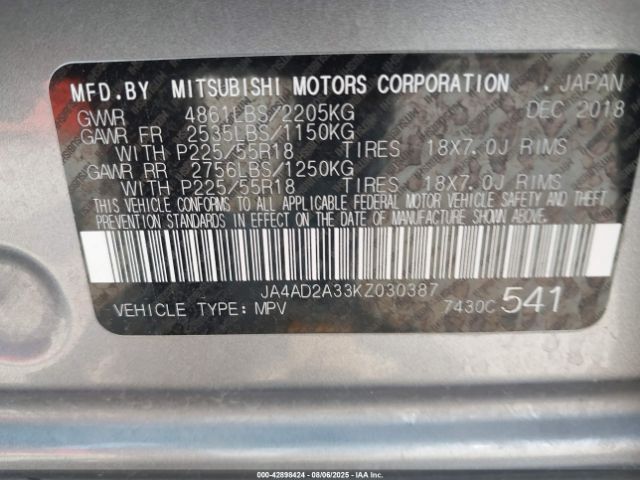 2019 MITSUBISHI OUTLANDER JA4AD2A33KZ030387 Photo 8
