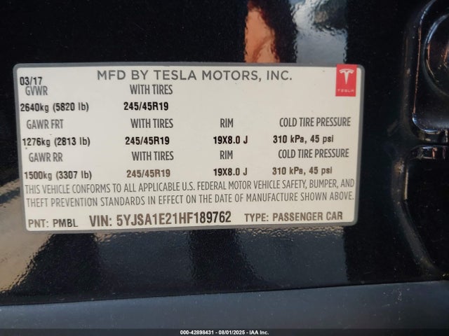 2017 TESLA MODEL S 5YJSA1E21HF189762 Photo 8