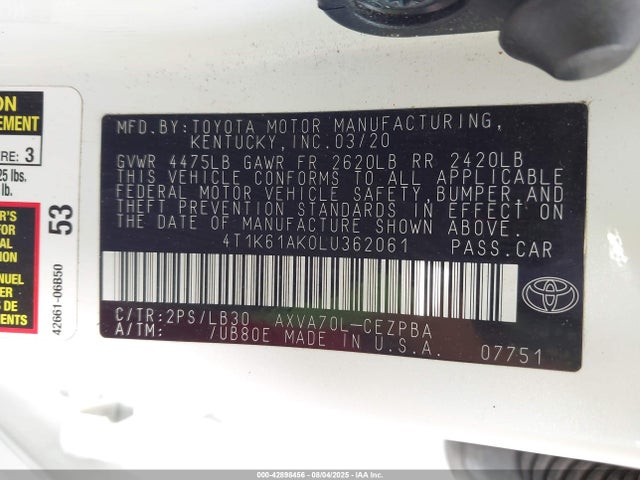 4T1K61AK0LU362061 Toyota a25a-fks