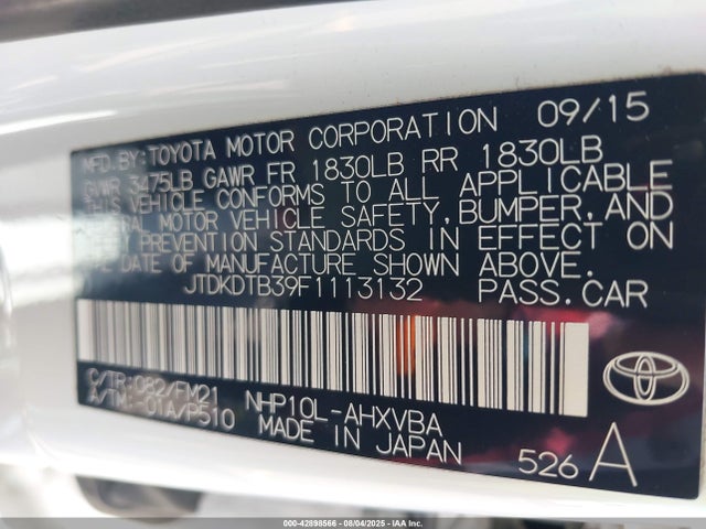JTDKDTB39F1113132 Toyota 1nz-fxe+1lm