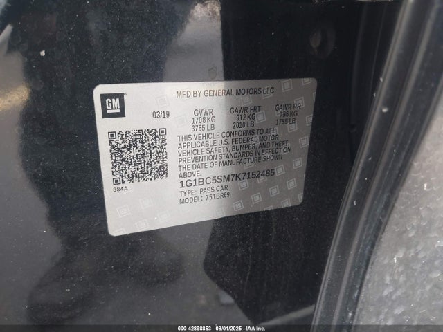 Aukcja sprzedaży 2019 Chevrolet Cruze Ls, vin: 1G1BC5SM7K7152485, numer aukcji: 42898853