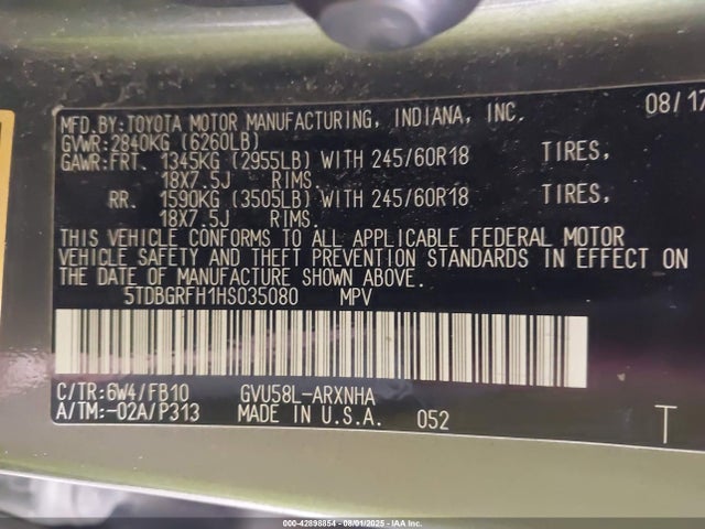 Toyota Highlander 2017 5TDBGRFH1HS035080 Image 22