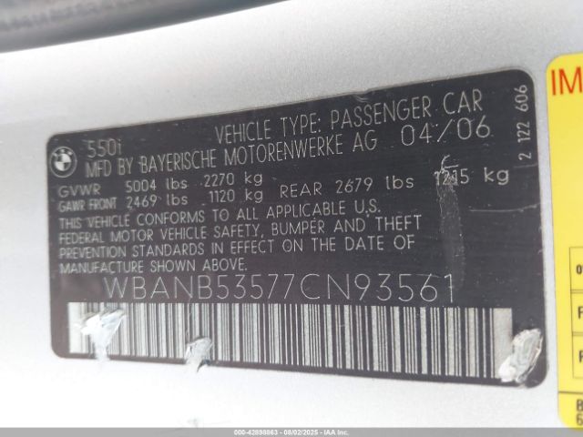 2007 BMW 550I WBANB53577CN93561 Photo 8