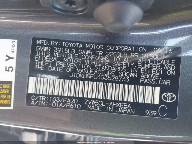 JTDKBRFU4G3528733 Toyota 2zr-fxe,1nm