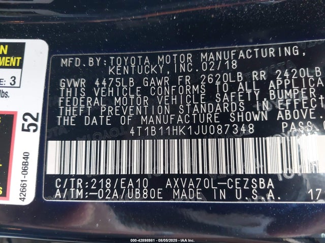 4T1B11HK1JU087348 Toyota a25a-fks