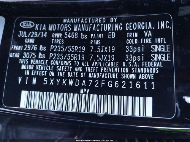 5XYKWDA72FG621611 KIA gasoline 3.3 v6 gdi lambda ii