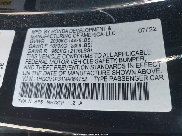 1HGCV1F31NA064752 Honda l15be