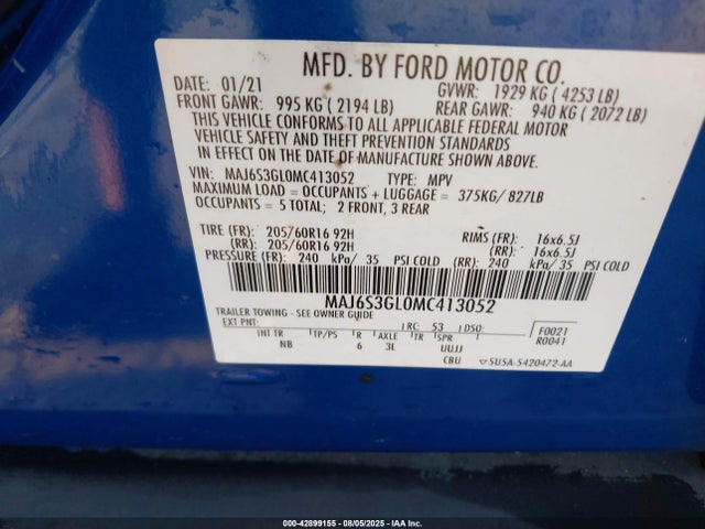 Aukcja sprzedaży 2021 Ford Ecosport Se, vin: MAJ6S3GL0MC413052, numer aukcji: 42899155