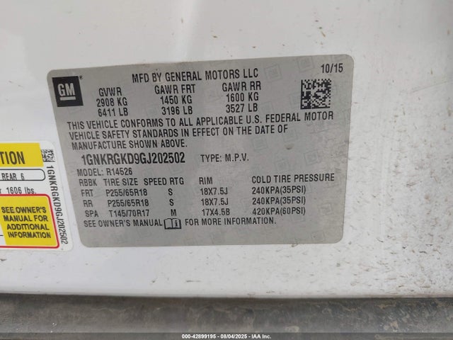 1GNKRGKD9GJ202502 Chevrolet llt - sidi, alum, 60 degrees