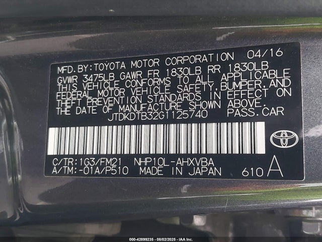 JTDKDTB32G1125740 Toyota 1nz-fxe+1lm